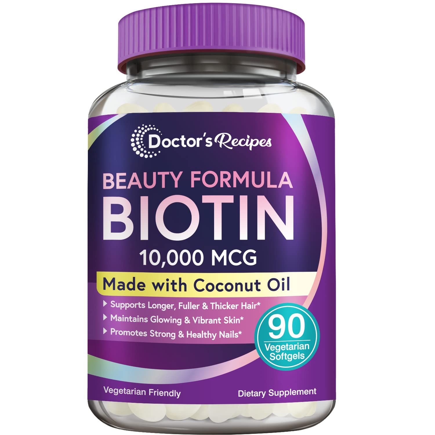 Doctor&#39;s Recipes Biotin 10,000 mcg, Hair Growth, Healthy Skin Nails, Energy Metabolism, Vegetarian-Friendly Biotin, with Coconut Oil, Non-GMO, 3 Month Supply, 90 Vegetarian Softgels