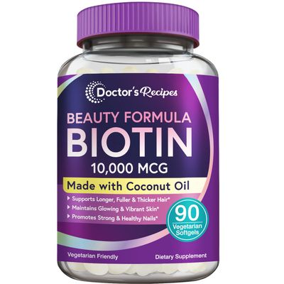 Doctor&#39;s Recipes Biotin 10,000 mcg, Hair Growth, Healthy Skin Nails, Energy Metabolism, Vegetarian-Friendly Biotin, with Coconut Oil, Non-GMO, 3 Month Supply, 90 Vegetarian Softgels