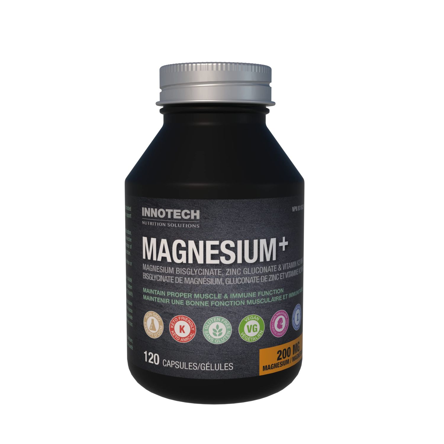 INNOTECH Nutrition Magnesium 120 Capsules - Contains Magnesium Bisglycinate, Zinc Gluconate Vitamins K2, MK-7 - Maintain Proper Muscle Immune Function