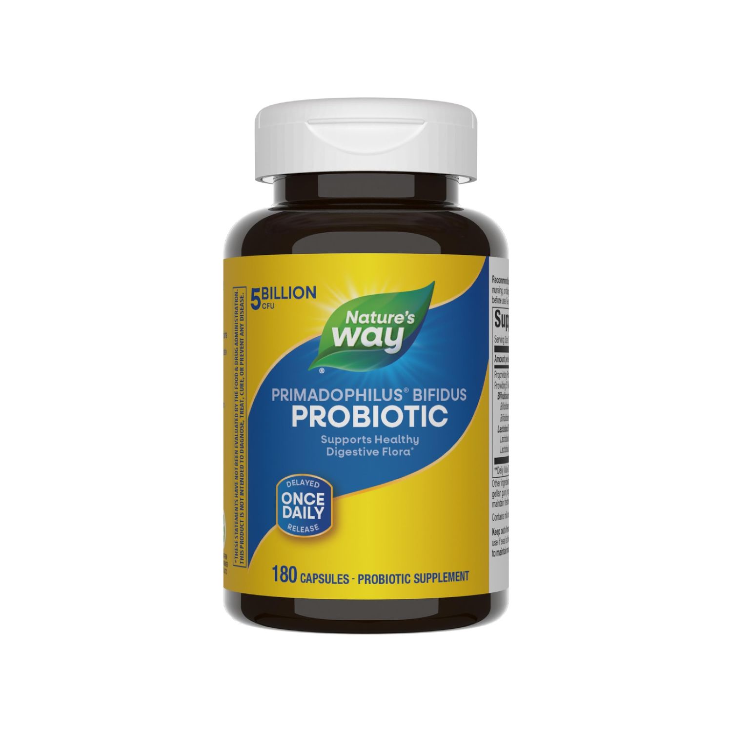 Nature&#39;s Way Primadophilus Bifidus Probiotic, Supports Digestive Flora, 5 Billion Live Probiotic Cultures per Capsule, Lactobacilli, Bifidobacteria, 180 Capsules (Packaging May Vary)