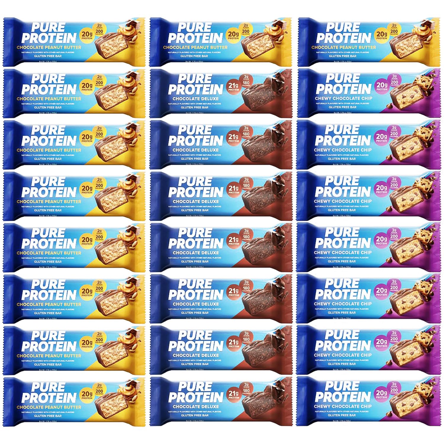 Pure Protein Bars 10 Chocolate Peanut Butter 7 Chocolate Deluxe 6 Chewy Chocolate Chip, 20g High Protein, Nutritious Snacks to Support Energy