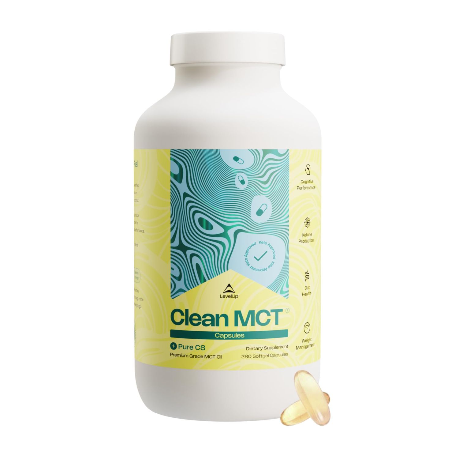 LevelUp Clean MCT Oil Capsules - 100 Caprylic C8 for Energy, Focus, Weight Management, Gut Health, Brain Superfuel - Keto Supplement for Ketogenic Diet and Ketones - Non-GMO (280 Count)