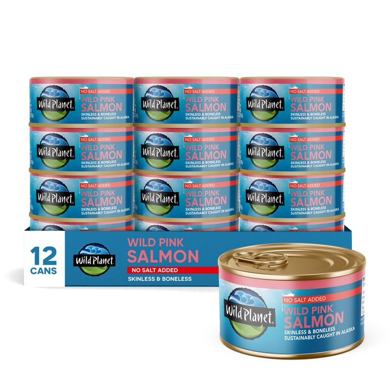 Wild Planet Wild Pink Salmon, Skinless Boneless, No Salt Added, Tinned Fish, Canned Salmon, Sustainably Caught, Non-GMO, Kosher, Gluten Free, Keto and Paleo, 6 Ounce (Pack of 12)