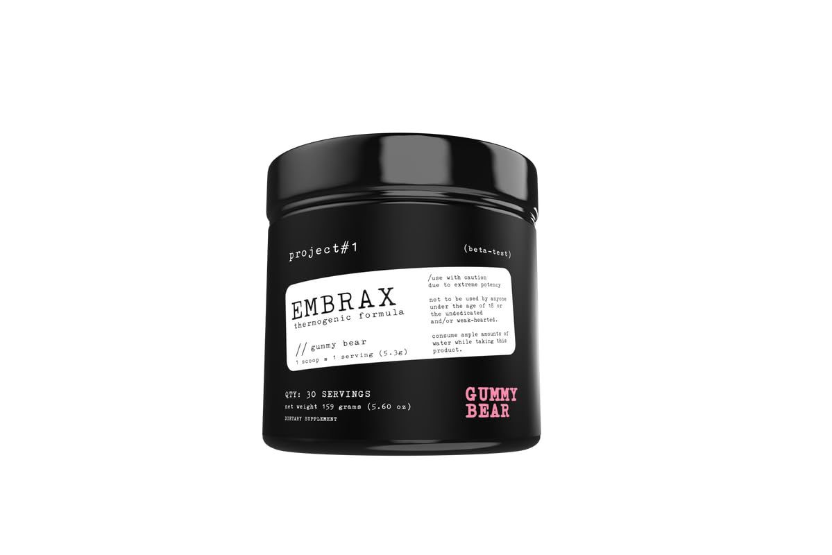 Project 1 Embrax: Thermogenic Preworkout Fat Burner Men Women - Best Belly Fat Burners for Women Men, L-Carnitine Supplement Pre Workout Powder for Men Women [30 Servings] - Gummy Bear