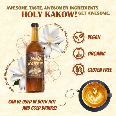 Holy Kakow Cafe Organic Vanilla Syrup - Vanilla Syrup, Coffee Syrup, Organic Syrup for Coffee, Vanilla Syrup for Coffee, Add to Latte, Cocktail Shake, Real Food Ingredients, Specific Flavor - 750ml
