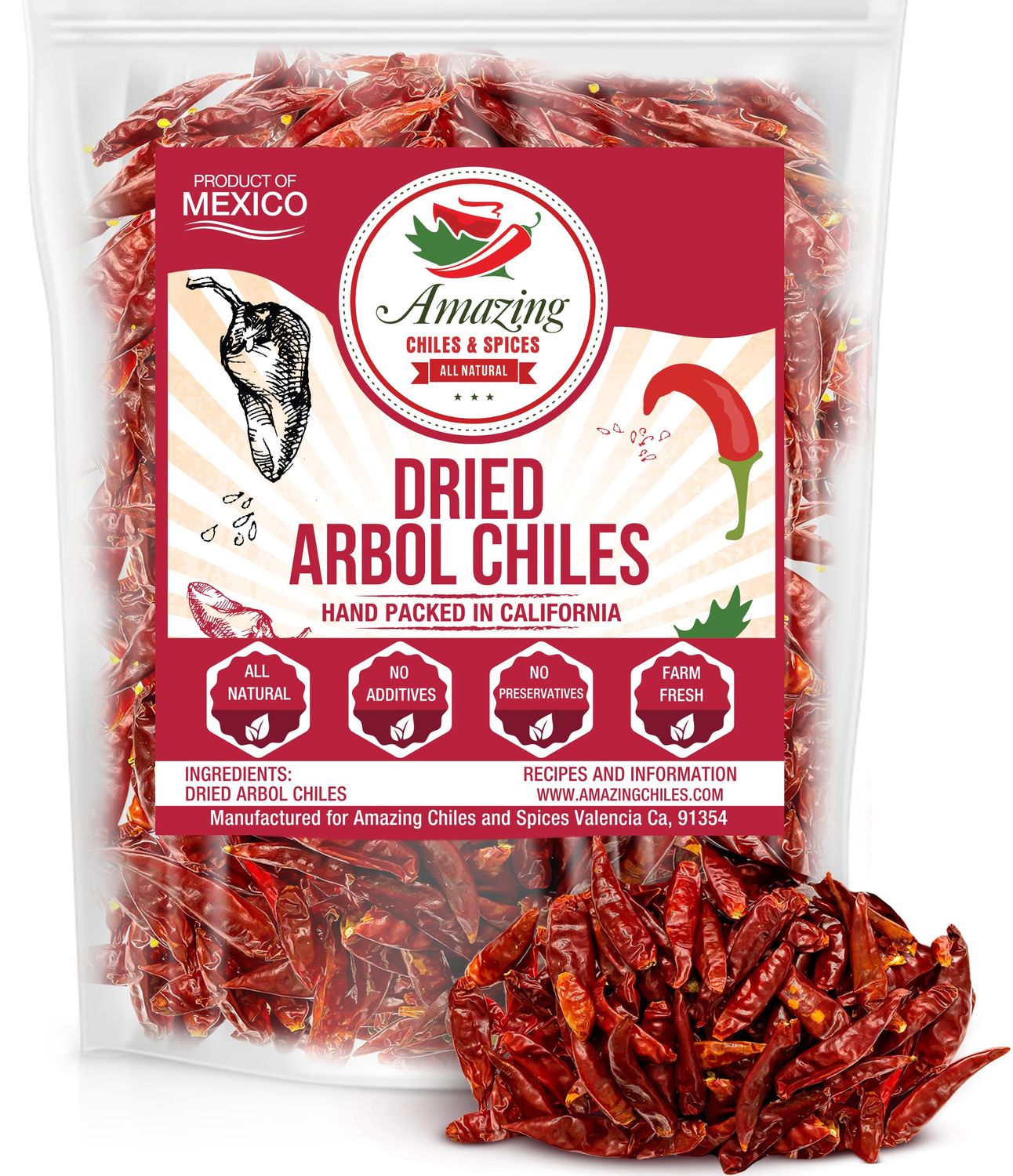Chile De Arbol 4oz - Dried Whole Red Chili Peppers, Premium All Natural Stemless, Resealable Bag. Use in Mexican, Chinese and Thai Dishes. Spicy Hot Heat Full of Flavor