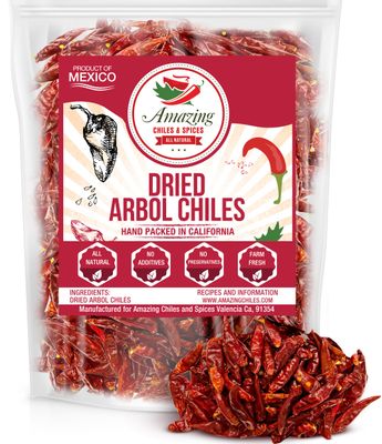 Chile De Arbol 4oz - Dried Whole Red Chili Peppers, Premium All Natural Stemless, Resealable Bag. Use in Mexican, Chinese and Thai Dishes. Spicy Hot Heat Full of Flavor