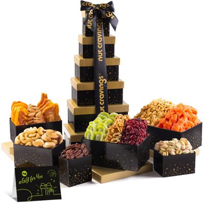 NUT CRAVINGS Mothers Day Gourmet Mom Treats - Dried Fruit Mixed Nuts Gift Basket in Black Tower Ribbon (12 Assortments) Food Arrangement, Healthy Snack Care Package, Kosher