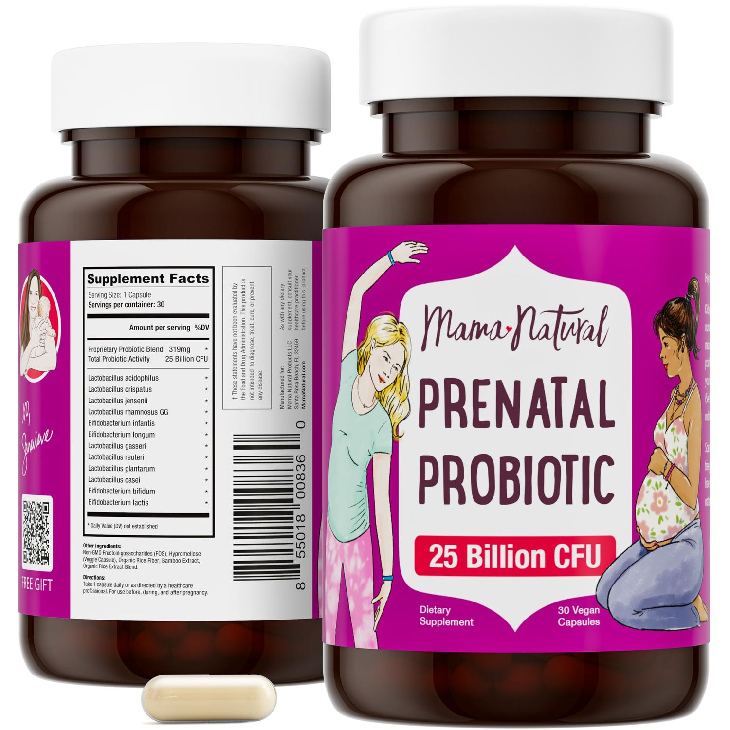 Mama Natural Prenatal Probiotics for Women - Gut Immune Support for Pregnancy, Breastfeeding Postpartum 25 Billion CFU, 12 Strain Probiotic Prebiotic Blend to Support Mom and Baby
