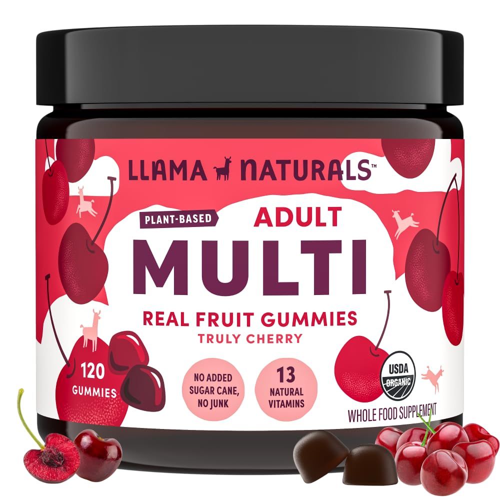 Llama Naturals Multivitamin for Women and Men, Vegan, Organic Gummies with Vitamin D, C and K, Adults Real Fruit Gummy Vitamins, Chewable Multivitamin Supplement, No Added Sugar Cane, Cherry, 120 Ct
