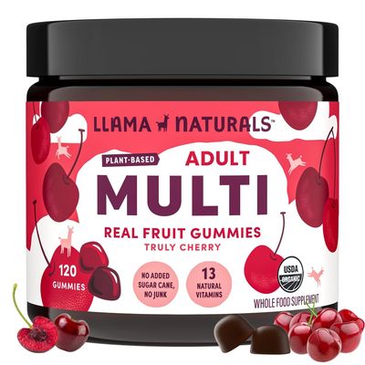 Llama Naturals Multivitamin for Women and Men, Vegan, Organic Gummies with Vitamin D, C and K, Adults Real Fruit Gummy Vitamins, Chewable Multivitamin Supplement, No Added Sugar Cane, Cherry, 120 Ct