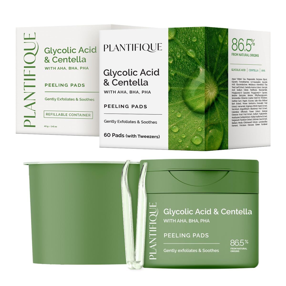PLANTIFIQUE Korean Glycolic Acid Pads with CICA, 120 Pcs - AHA, BHA, PHA Daily Face Exfoliating Pads for Gentle Skin Renewal - Toner for Cleansing All Skin Types - Vegan Formula Refillable Container