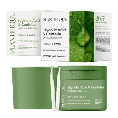 PLANTIFIQUE Korean Glycolic Acid Pads with CICA, 120 Pcs - AHA, BHA, PHA Daily Face Exfoliating Pads for Gentle Skin Renewal - Toner for Cleansing All Skin Types - Vegan Formula Refillable Container