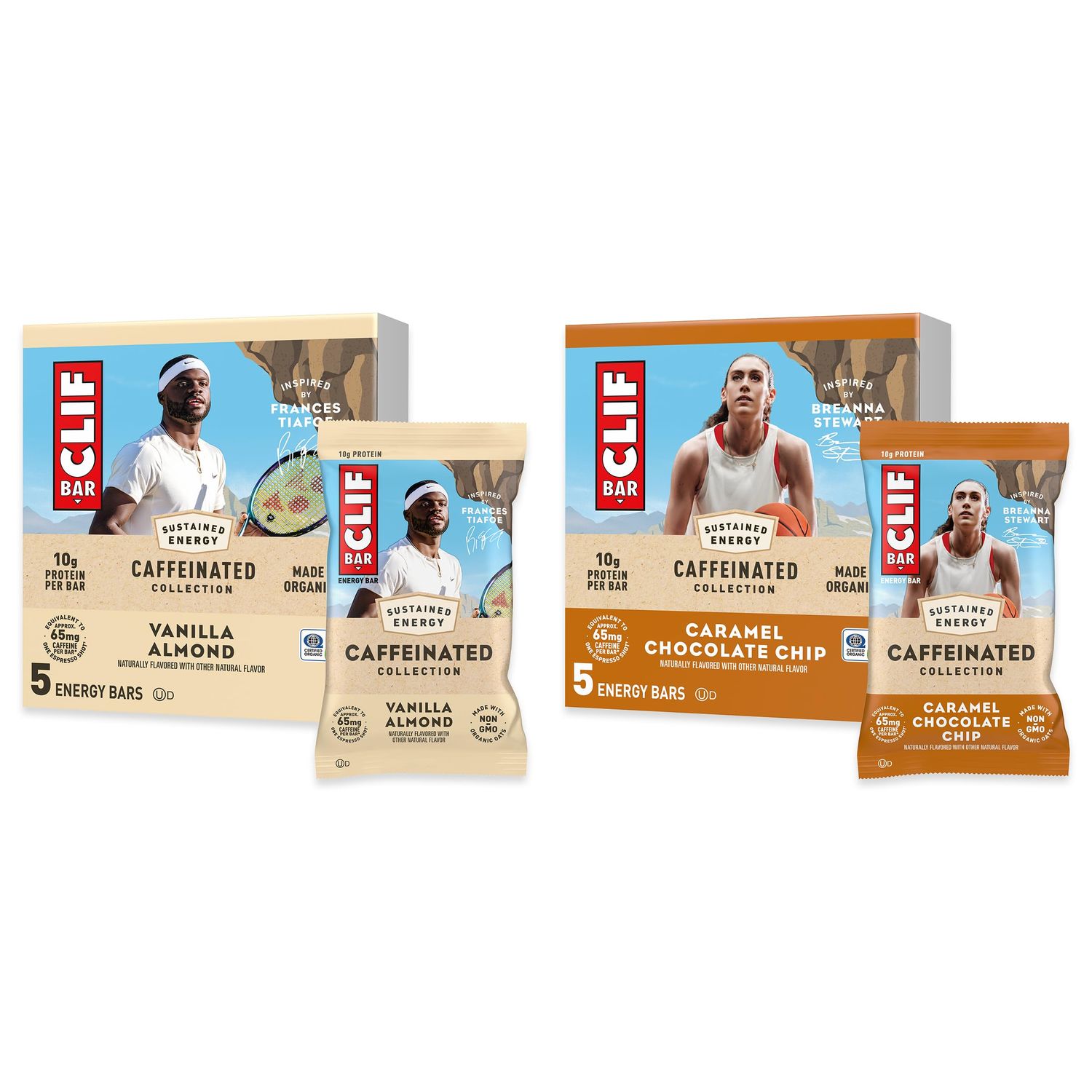CLIF BAR Caffeinated Collection - Caramel Chocolate Chip and Vanilla Almond Flavor - Made with Organic Oats - Energy Bars - Non-GMO - Plant Based Protein Bars (10 Pack, 2 Boxes)