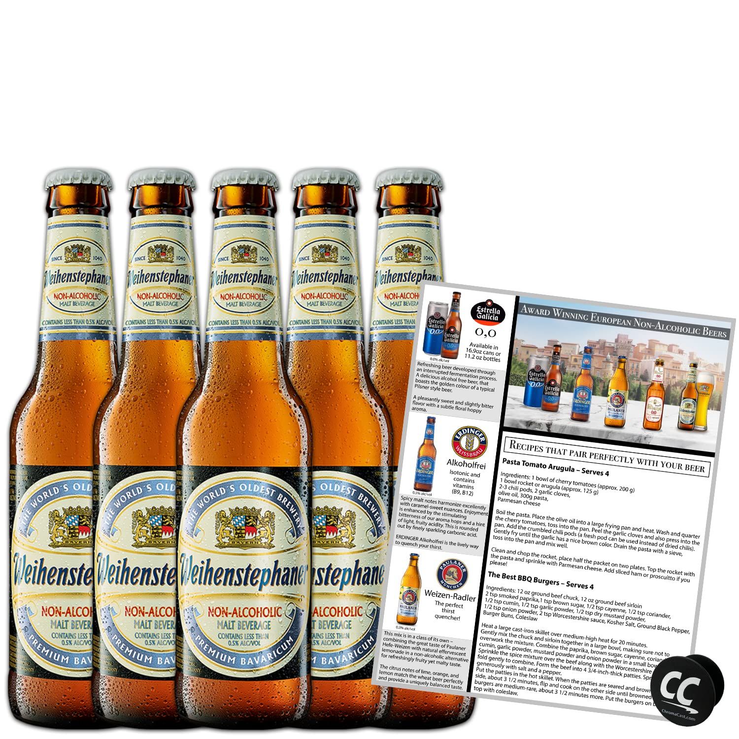 Weihenstephaner - Non-Alcoholic Hefeweizen Beer 5 Pack Made In Germany, 11.2ozbtl, includes PhoneTablet Holder BeerPairing Recipes