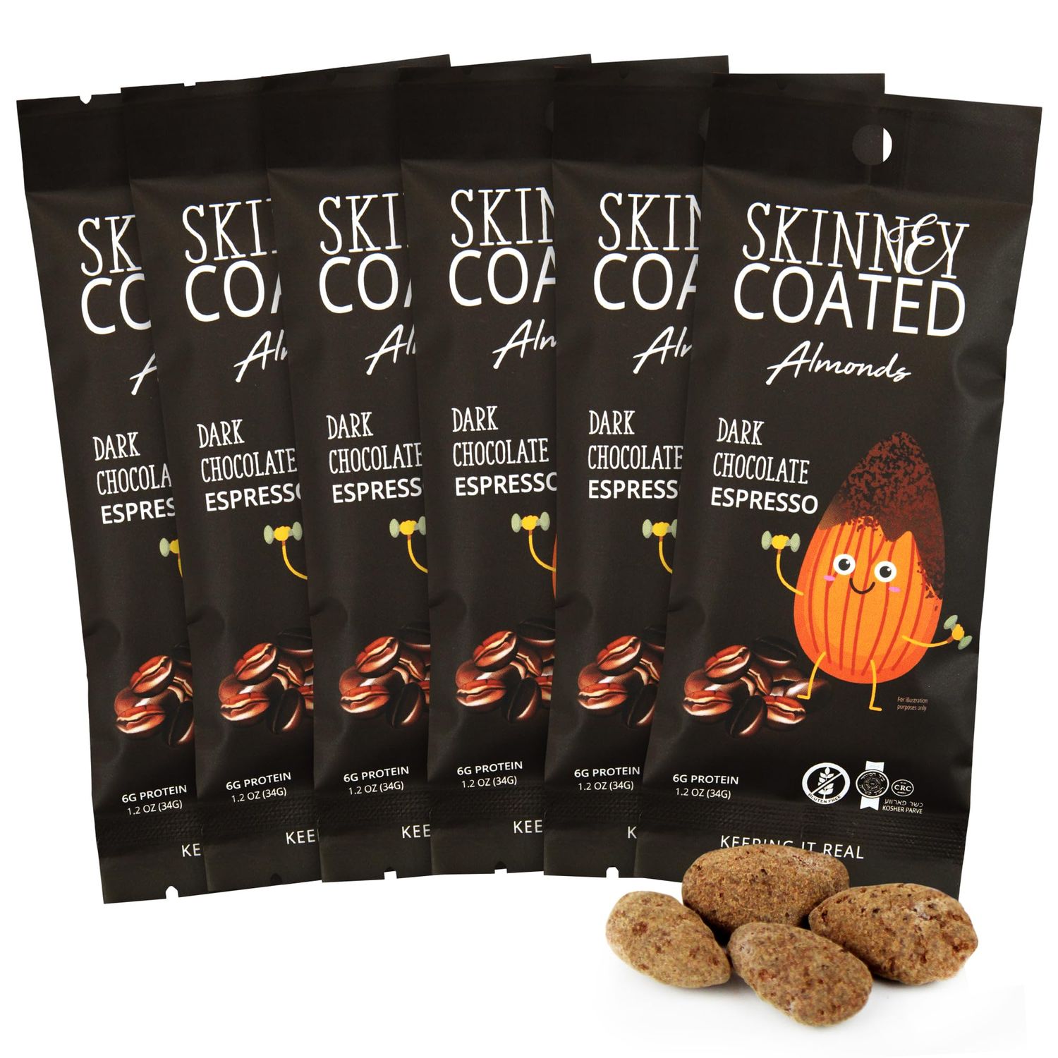 Skinny Coated Dark Chocolate Espresso Snacks, Chocolate Flavored Almonds Healthy Chocolate Snacks in Bulk - Skinny Almonds, Kosher, Gluten Free Sweet Snacks for Adults, 1.2Oz pBag, 6 Pack