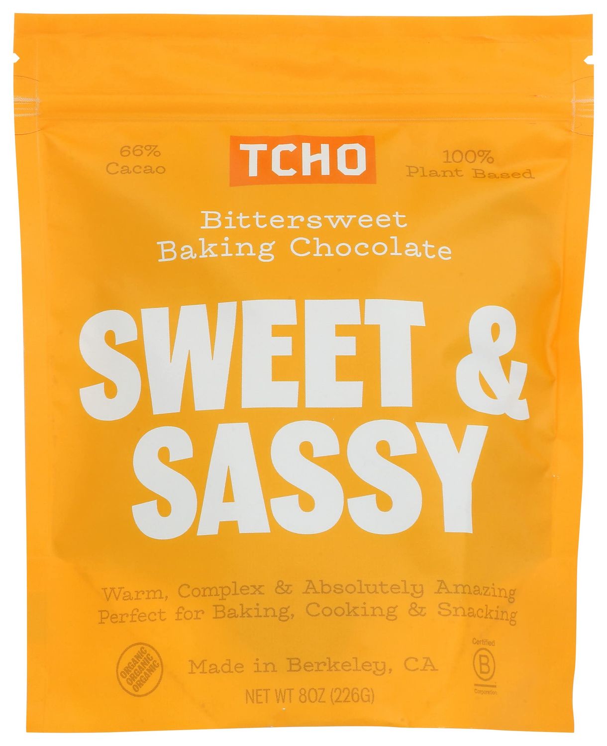 Tcho Bittersweet Baking Chocolate, Sweet Sassy, 100 Plant Based, 66 Cacao, Perfect for Baking, Cooking Snacking, Vegan, Kosher, USDA Certified Organic, Non-GMO, 8 Ounce (Pack of 6)
