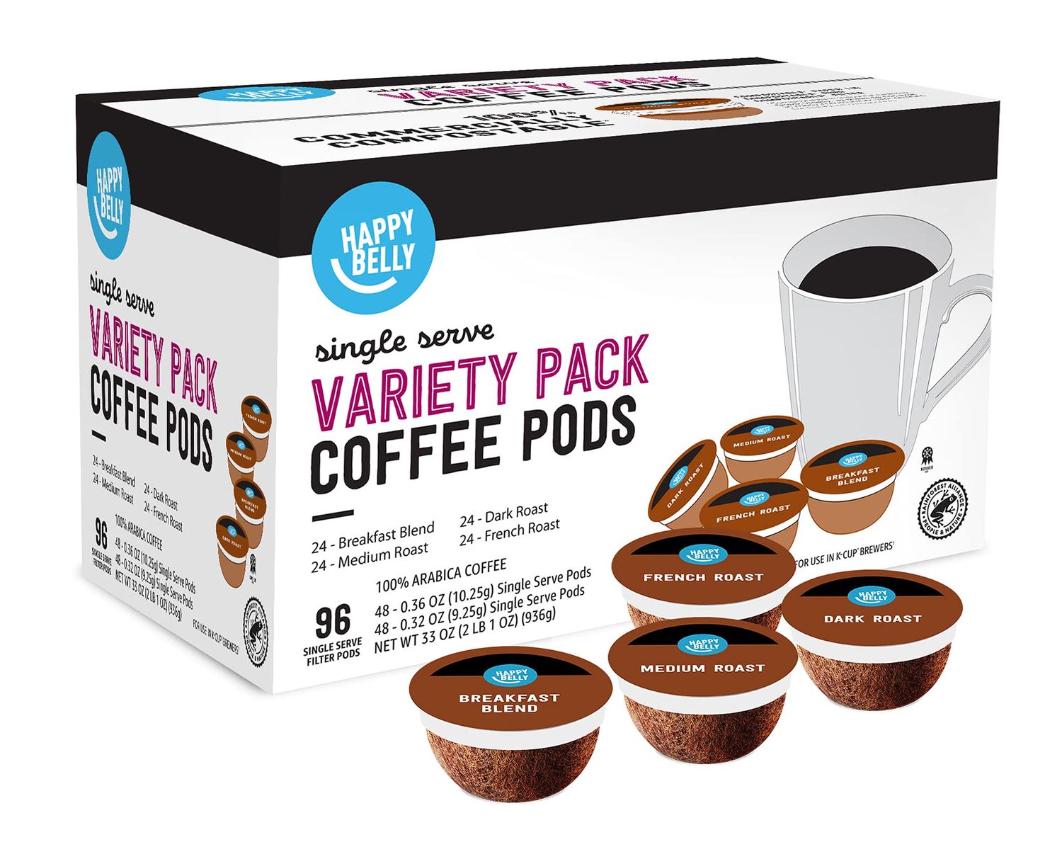 Amazon Brand - Happy Belly Variety Pack Compostable Coffee Pods, Compatible with K-Cup Brewer (Breakfast Blend, Dark Medium French Roast) 96 count (Pack of 1)