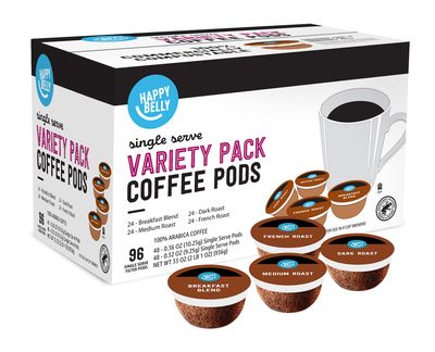 Amazon Brand - Happy Belly Variety Pack Compostable Coffee Pods, Compatible with K-Cup Brewer (Breakfast Blend, Dark Medium French Roast) 96 count (Pack of 1)