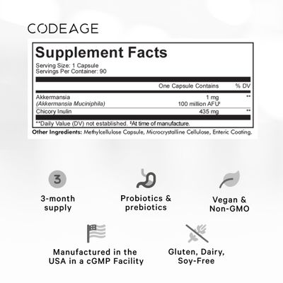 Codeage Akkermansia Muciniphila Probiotic Supplement - 3-Month Supply of Akkermansia Chicory Inulin - Daily Synbiotic Probiotic Chicory Root - 100 Million AFUs - Gluten-Free - 90 Capsules