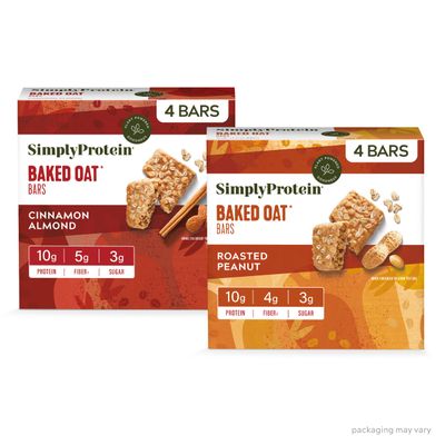 Simply Protein - Baked Oat Bars Variety Pack, 8 Protein Bars - Cinnamon Almond Roasted Peanut - Soft Chewy - 10g Protein, 3g Sugar, 4-5g Fiber, 190 Calories - Vegan, Gluten Free, Non GMO - 2 Boxes