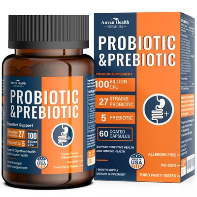 Anven Health 100 Billion Probiotics for Men and Women 27 Strains 5 Organic Prebiotics for Gut Digestive Immune Health, Supports Diarrhea Gas Bloating, Vegan Probiotic Supplement Formula 60 Caps