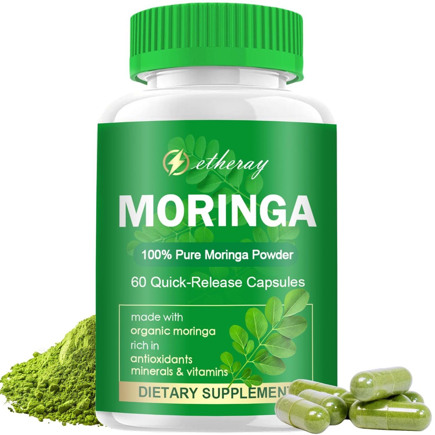etheray Moringa Capsules, Pure Moringa Powder 800mg per Serving - Rich in Antioxidants Multi Minerals Vitamins Green Superfood - Supports Energy, Skin Health, Gut Health - 60 Capsules