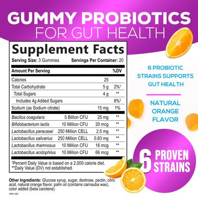 Probiotic Gummies for Women, Men Teens - 5 Billion CFUs, 6 Probiotic Strains, Orange Flavor - Daily Gummy Probiotics Supplement for Natural Digestive Health, Good Gut Immune Support - 60 Count