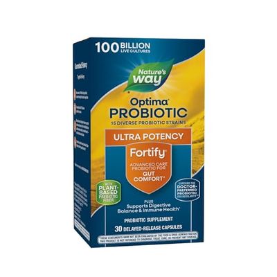 Nature&#39;s Way Fortify Optima Probiotic for Adults, 100 Billion Live Cultures, 15 Strains, Supports Digestive and Immune Health, Plant-Based Prebiotic Fiber, 30 Capsules (Packaging May Vary)