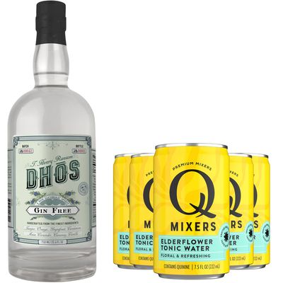 Dhos Handcrafted Non-Alcoholic Gin w 5 Pack Q Mixers Elderflower Tonic Water - Keto-Friendly, Zero Sugar, Zero Calories, Zero Proof - 750 ML - Perfect for Mocktails - Made in USA