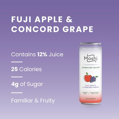Moshi Asian Flavored Sparkling Water 12 Pack- Carbonated Drink Made With Real Fruit Juice - No Added Sugar - Low Calorie (Pack of 12, Fuji Apple Concord Grape)