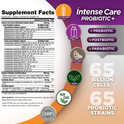 Vital Planet - Intense Care Gas Bloating Probiotics Plus Organic Prebiotics, Postbiotics, Parabiotics, Complete 4-in-1 Supplement for Adults, 65 Billion CFU, 65 Strains, Digestive and Immune 30 ct