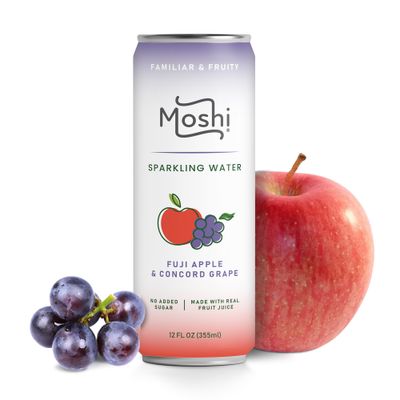 Moshi Asian Flavored Sparkling Water 12 Pack- Carbonated Drink Made With Real Fruit Juice - No Added Sugar - Low Calorie (Pack of 12, Fuji Apple Concord Grape)