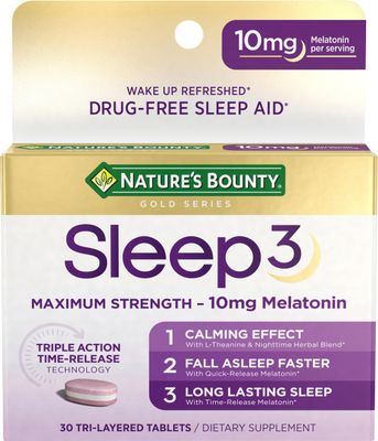 Melatonin by Nature&#39;s Bounty, Sleep3 Maximum Strength 100 Drug Free Sleep Aid, Dietary Supplement, L-Theanine Nighttime Herbal Blend Time Release Technology, 10mg, 30 Tri-Layered Tablets