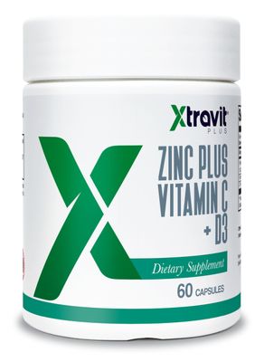 Xtravit Zinc Plus Vitamin C D3 Supplement - Natural Immune Defense Supplements for Men Women - May Support Skin, Energy, Bones, Overall Wellness - Non-GMO, Gluten-Free, No Fillers, 60 Capsules