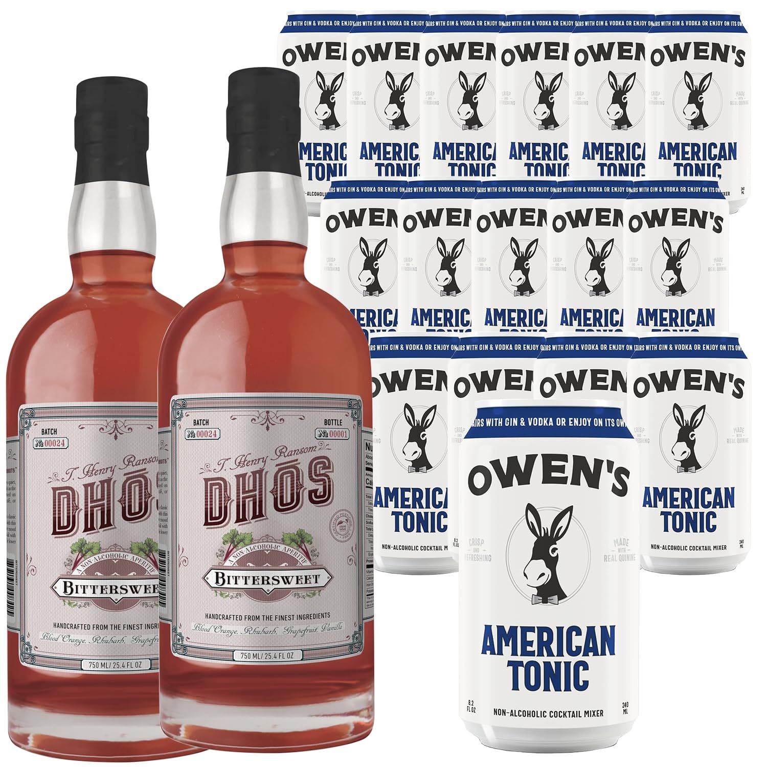 Dh s Handcrafted Non-Alcoholic Bittersweet 750 ML Bottles w Pack Owen s Mixers Tonic 8.2 OZ Cans - Perfect for Mocktails - Made in USA