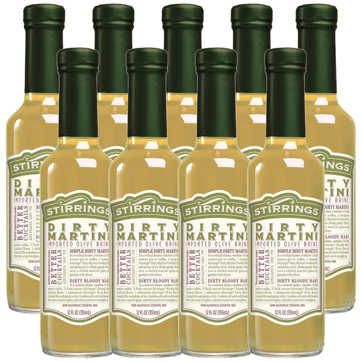 Stirrings 9 Pack Dirty Martini Mix Bitters 355ml Bottles - Real Ingredients No Preservatives Low Calories - Drink Mixer