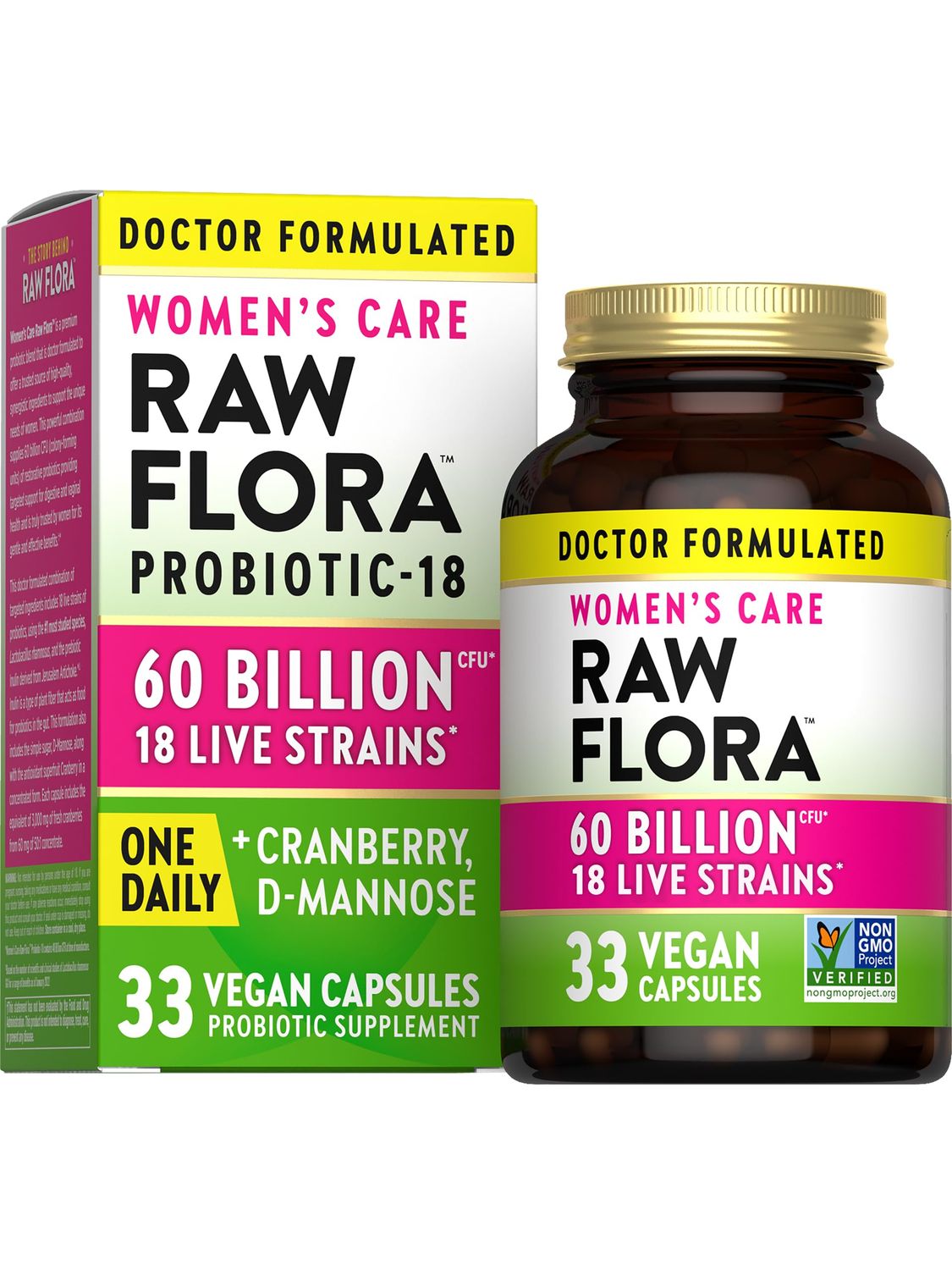 Raw Flora Probiotics for Women 60 Billion CFU 33 Vegan Capsules with Cranberry D-Mannose Vegan Gluten Free Vitamins by Nature&#39;s Truth
