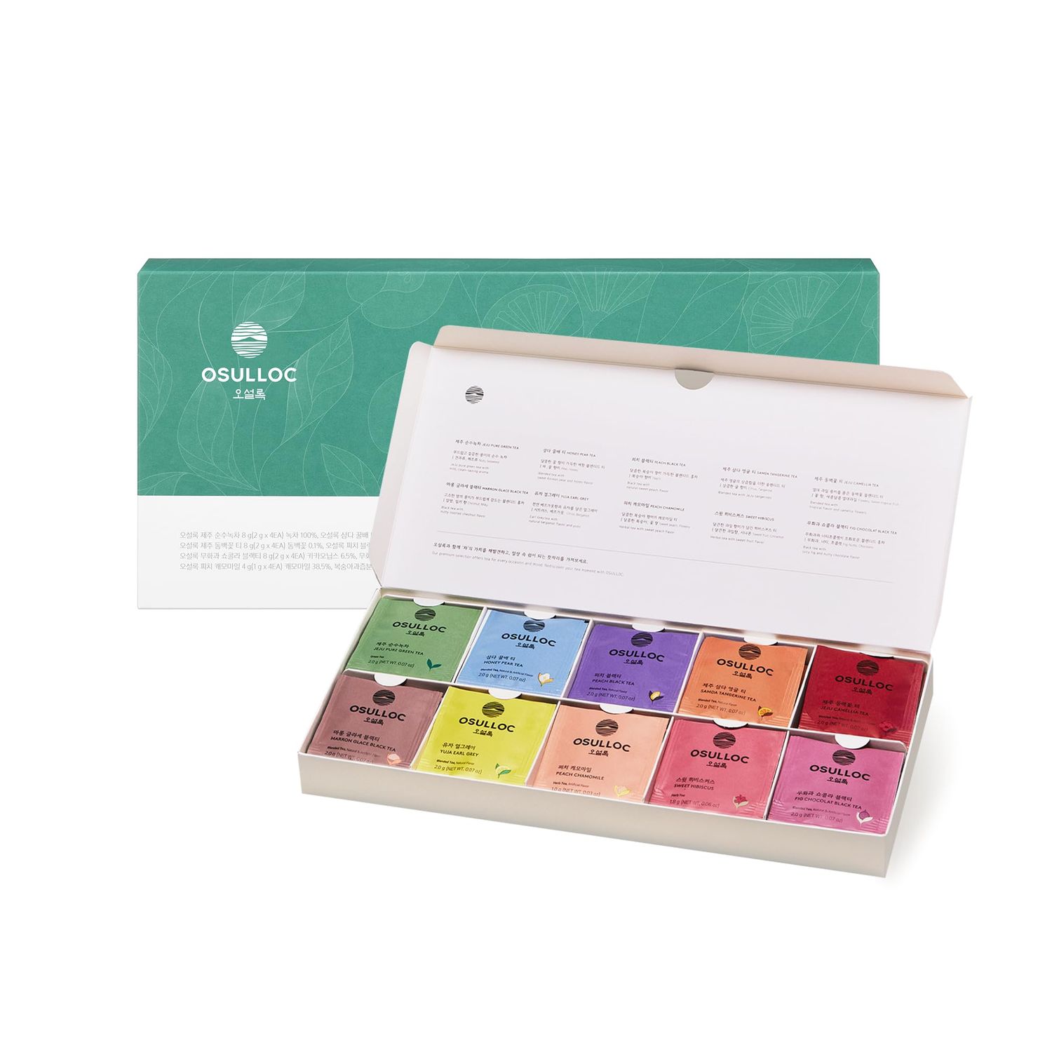 OSULLOC Premium Tea Collection (40 count, 10 flavors x 4 ea), Assorted Tea bag Sampler, Premium Organic Pure Blended Self Care Gift Set box from Jeju for Tea lovers