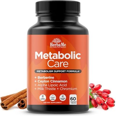 HerbaMe Berberine Supplement with Ceylon Cinnamon, Chromium, Alpha Lipoic Acid, Metabolic Care Supports Metabolism Cardiovascular Health and Immune System, Helps Maintain Steady Energy Levels