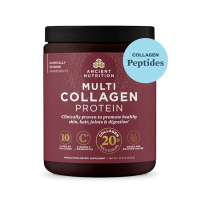 Ancient Nutrition Collagen Peptides Powder, Multi Collagen Protein, Women Men, Vitamin C, Probiotics, Hydrolyzed Collagen, Supports Skin, Joints, Gut Health, Unflavored, 40 Servings