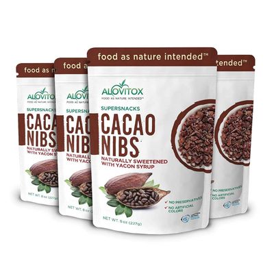Cacao Nibs Naturally Sweetened with Yacon Syrup Raw Organic, Sugar Free, Keto, Paleo and Vegan Friendly Antioxidant and Protein Rich Criollo Chocolate Snack by Alovitox 2 lb (4 x 8 oz)