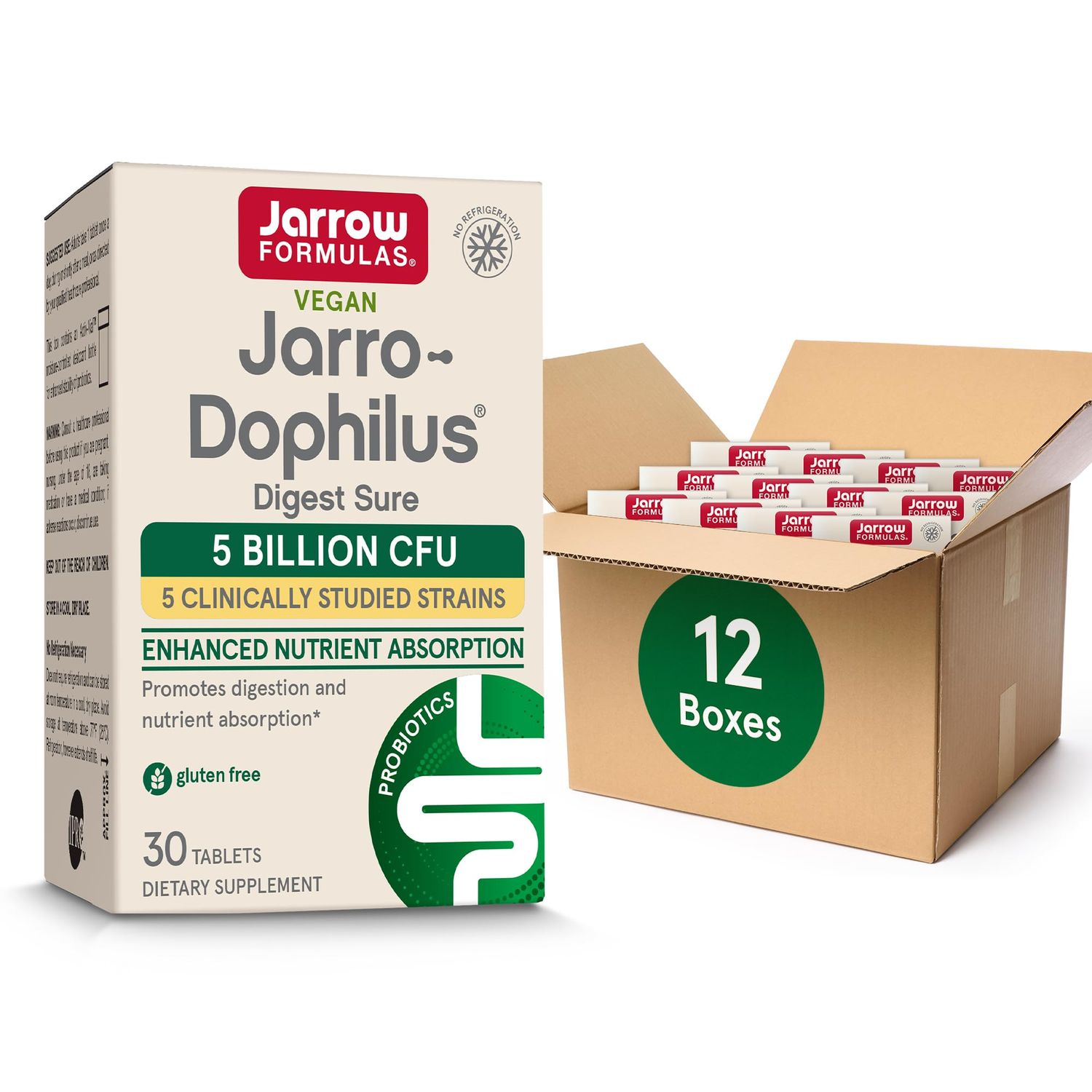 Jarrow Formulas Jarro-Dophilus Digest Sure Tablets, 5 Billion CFU Supplement for Immune Support, 30 Bilayer Tablets, 30 Day Supply(Pack of 12)