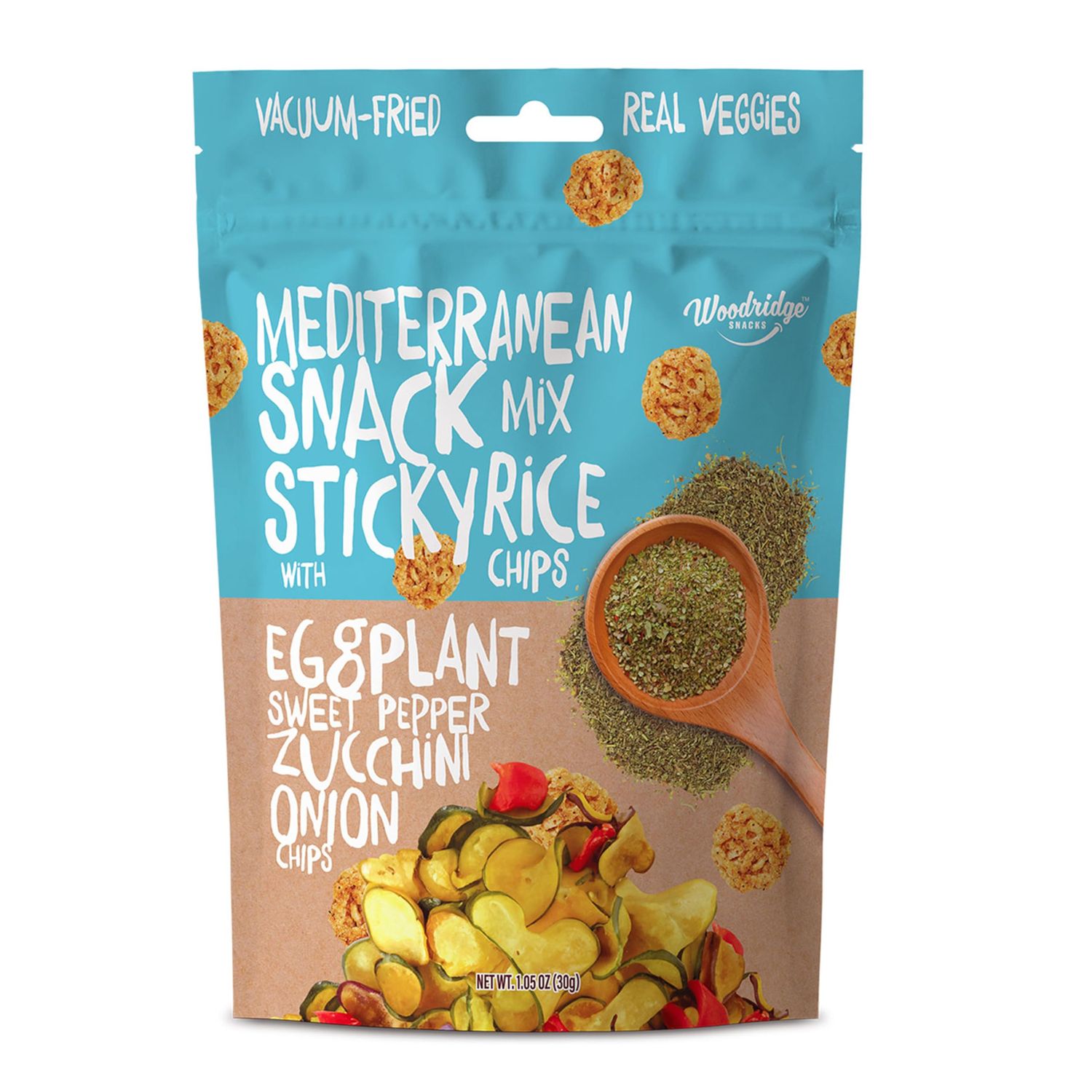 Woodridge Snacks Vacuum Fried Veggies with Sticky Rice Chips Mediterranean Mix 6 Pack 1.06 OZ (30g) Bags