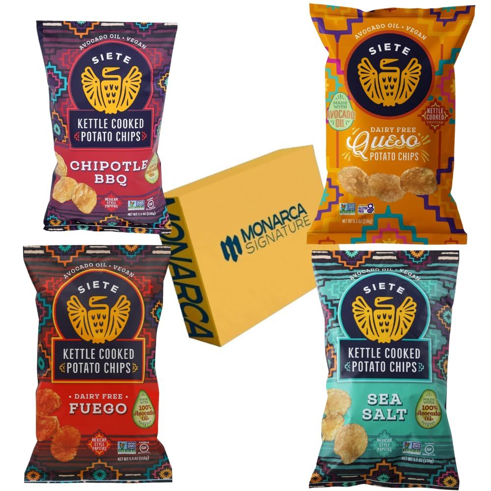 SIETE FAMILY FOODS Kettle Cooked Potato Chips Variety Pack, 4 Flavors, Chipotle BBQ, Queso, Fuego, Sea Salt, 5.5 oz