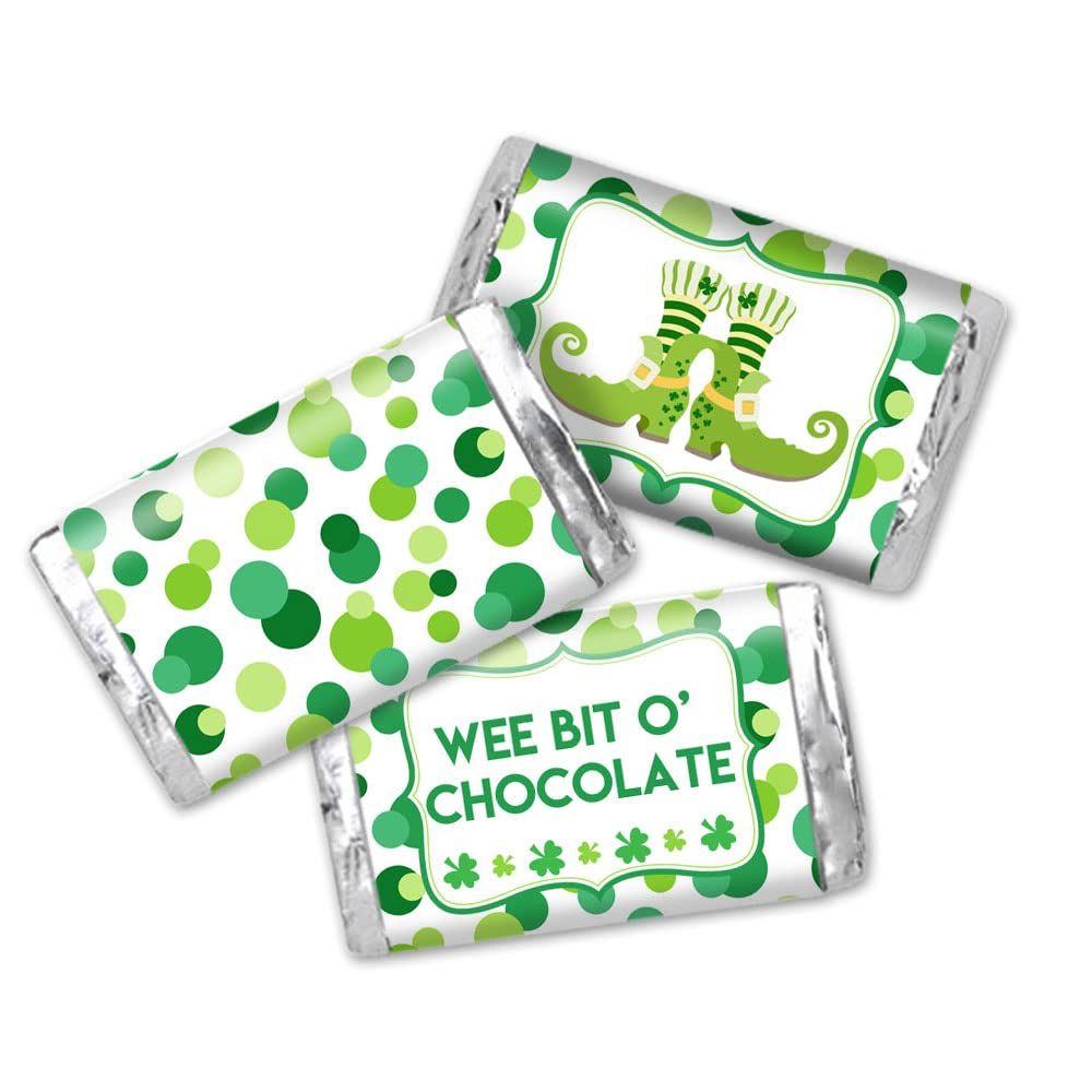 Wee Bit O&#39; Fun St. Patrick&#39;s Day Birthday Mini Chocolate Candy Bar Sticker Wrappers for Kids, 45 1.4&quot; x 2.6&quot; Wrap Around Labels by AmandaCreation, Great for Party Favors