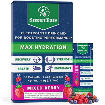 Smart Eats Electrolyte Powder - 1,690mg Electrolytes, 9 Essential Minerals Vitamins, 5 Antioxidants, Rapid Energizing Hydration, Designed by Doctors, 1 Gram Sugar, Sour Berry Flavor - 30 Packets