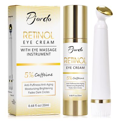 Pjordo Retinol Eye Cream with Eye Massage Instrument, Infused with 5 Caffeine and Hyaluronic for Dark Circles Treatments, Under Eye Care Anti Aging Reduce Under Eye Bags Fine Lines, Gifts for women