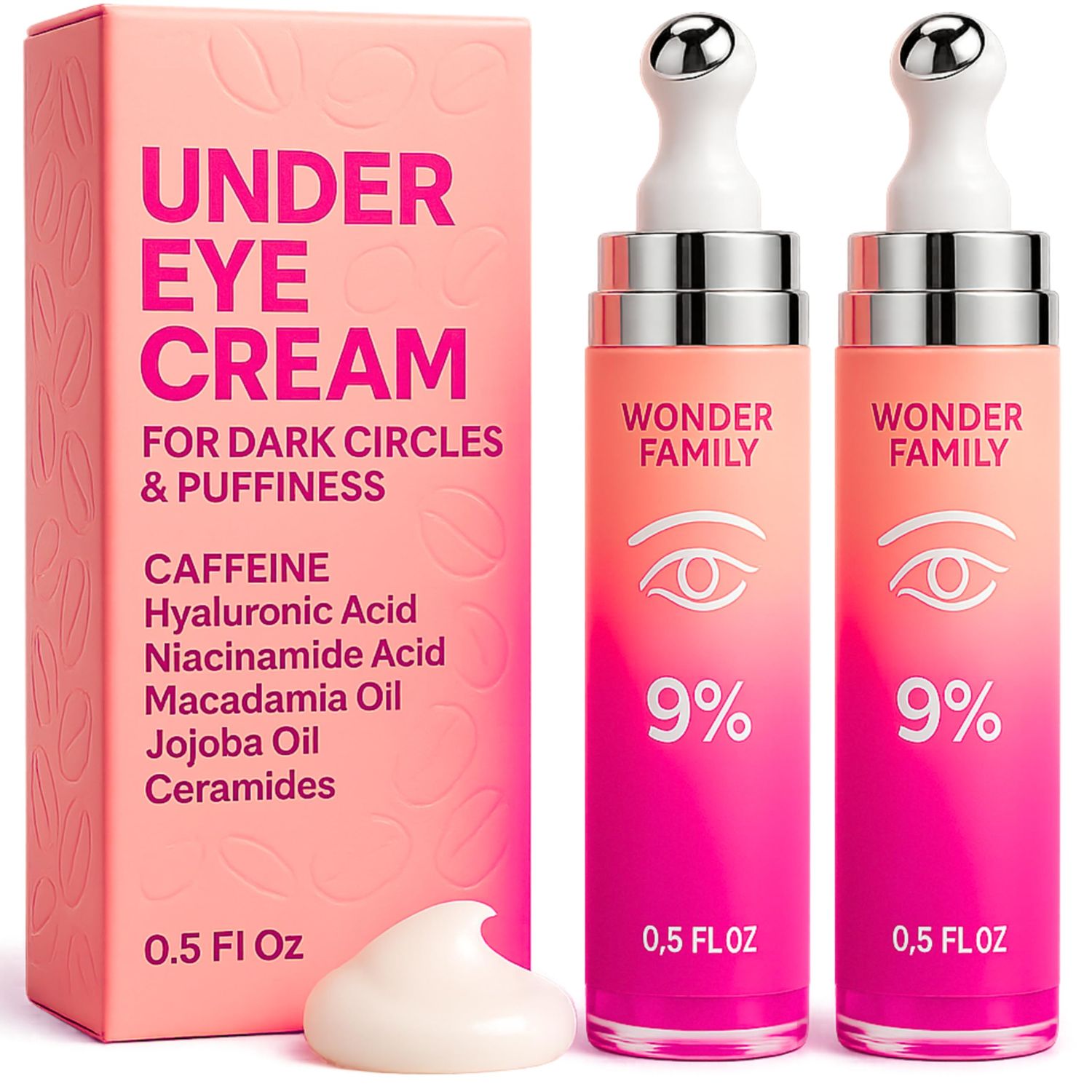 Caffeine Under Eye Cream for Puffiness and Bags Under Eyes - Roller for Puffy Eyes and Dark Circles Under Eye Treatment for Women, Men - Hyaluronic Acid and Niacinamide Serum (2-pack)