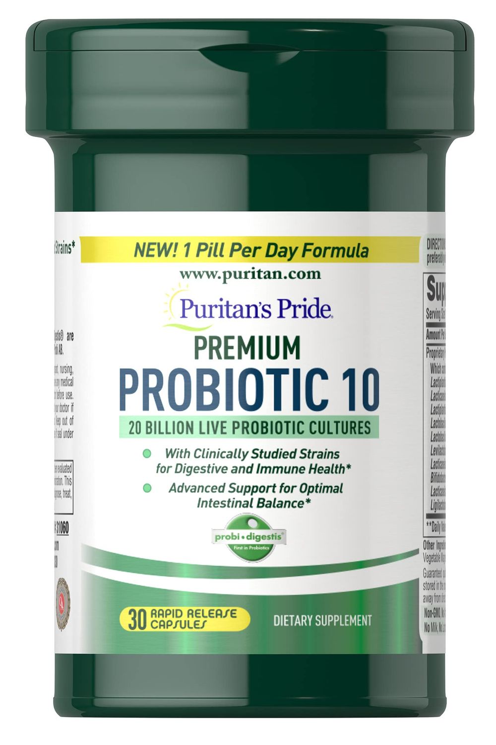 Puritan&#39;s Pride Premium Probiotic 10, 20 Billion CFU Clinically Studied Culture Strains, Dietary Supplement for Digestive, Gut, and Immune Health, 1 Month Supply, 30 Rapid Release Capsules